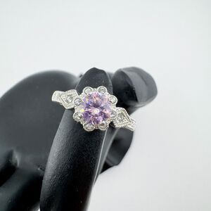 Signed NVC Nataliya V Collister Pink Rhinestone Ring Vintage Floral Halo Glamour